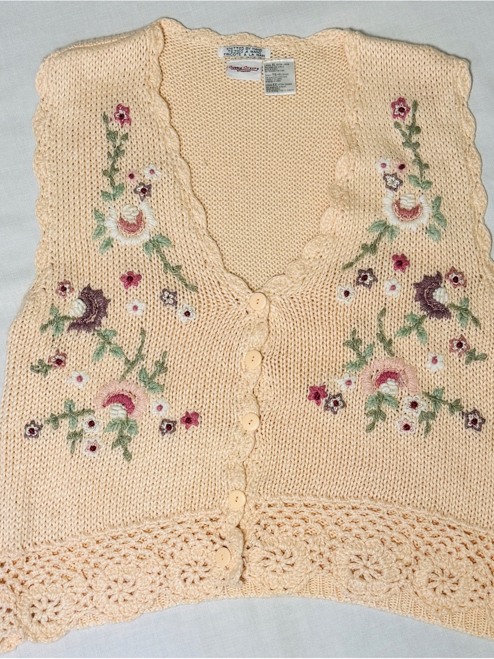 Vintage Handknit Floral Embroidery Sweater Vest Womens XL Ramie Cottage Grandma